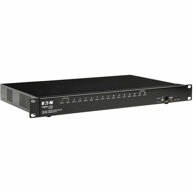 Eaton B024-HU16 16-port HDMI/USB KVM switch with audio/video and USB sharing, rack-mountable in 1U enclosure.