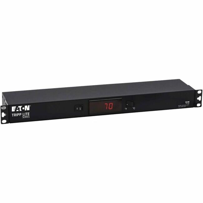 Eaton Tripp Lite Series SmartRack 1U digital temperature sensor with LCD display and blanking panel.