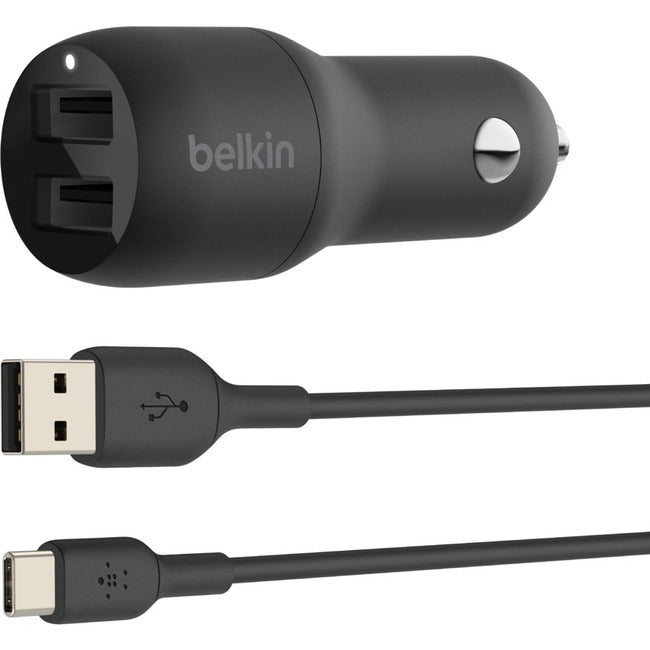 Belkin International INC CCE001BT1MBK Belkin BoostCharge Dual USB-A Car Charger 24W + USB-A to USB-C Cable