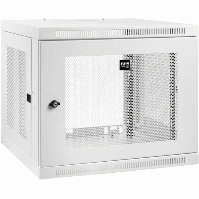 Eaton Tripp Lite SmartRack 9U low-profile wall-mount mini rack enclosure in white, showing front view with ventilation panels.