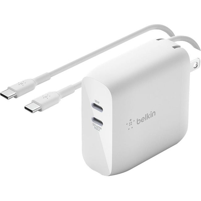 Belkin International INC WCH003DQ2MWH-B6 Belkin BoostCharge Dual USB-C GaN Wall Charger 68W and USB-C Cable Laptop Chromebook Charging - Power Adapter