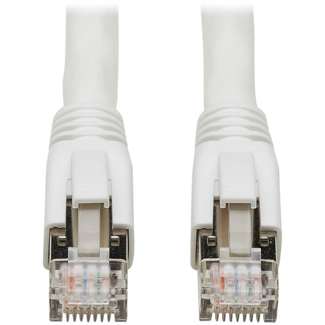 Eaton Tripp Lite Cat8 shielded Ethernet cable with RJ45 connectors, 30 ft, white, suitable for PoE, TAA certified, snagless design.