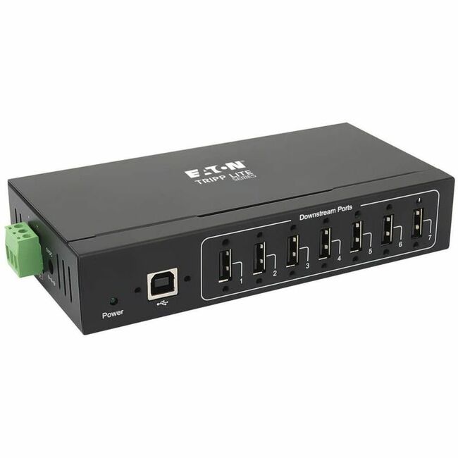 Eaton Tripp Lite 7-port industrial USB 2.0 hub with metal housing, wall or DIN mount, 15 kV ESD immunity for reliable connections