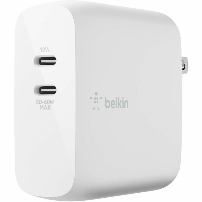 Belkin International INC WCH003DQWH Belkin BoostCharge Dual USB-C Power Delivery GaN Wall Charger 68W Laptop Chromebook Charging - Power Adapter