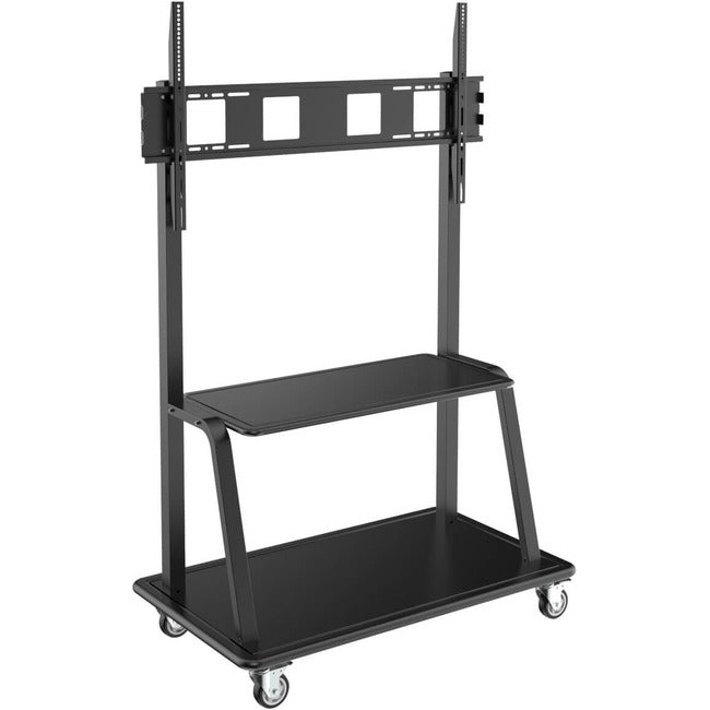 Eaton heavy-duty rolling TV cart with locking casters for 60-105 inch flat-screen displays, black stand with adjustable height.