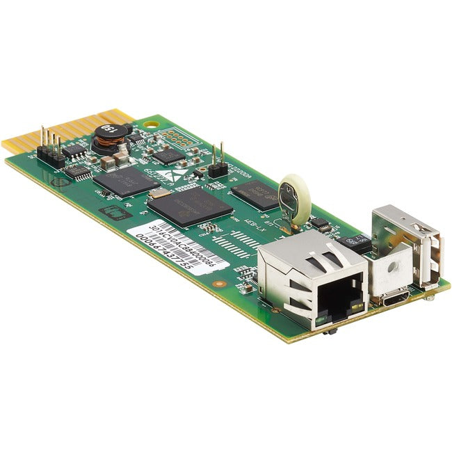 Eaton WebCard LX Mini remote management accessory card for Tripp Lite UPS systems, shown installed in a UPS device.