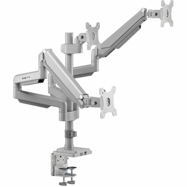 Eaton Tripp Lite triple-display gas-spring desk mount with clamp and grommet for 17-30 inch flat screens, includes USB and audio ports