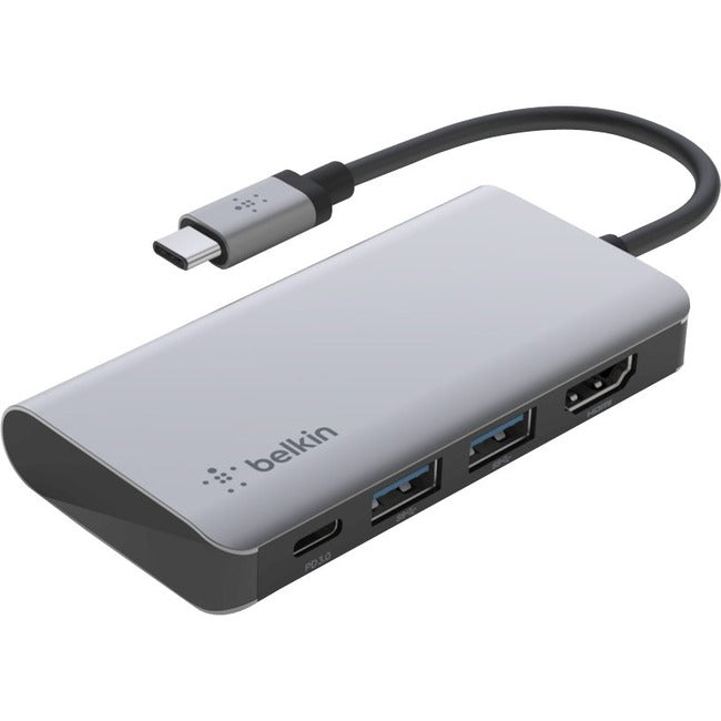 Belkin International INC AVC006BTSGY Belkin USB-C 4-in-1 Multiport Adapter, Laptop Docking Station, 2x USB-A 3.0, 4k HDMI, 100W Power Delivery