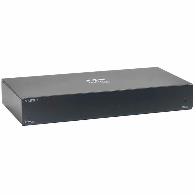 Eaton B127M-004-H Tripp Lite HDMI over Cat6 splitter displaying 4K HDR video, 4:4:4 color, with input and output ports.