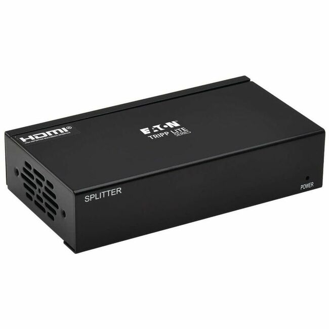 Eaton B127A-002-BH Tripp Lite 2-Port HDMI over Cat6 splitter displaying 4K HDR video with HDCP 2.2 and PoC functionality.