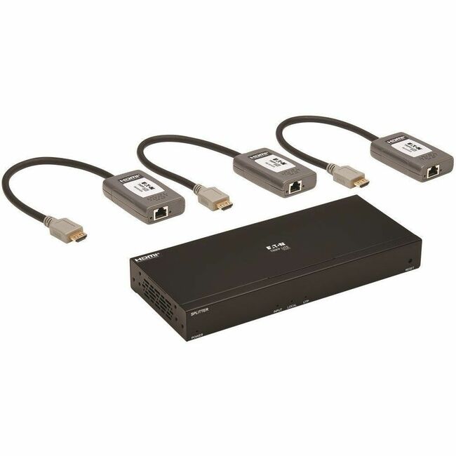 Eaton B127A-004-BHPH3 HDMI over Cat6 extender kit with 4K HDR support, 230 ft range, includes splitter and three pigtail receivers.