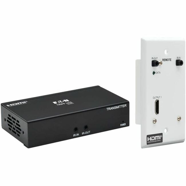Eaton B127A-1A1-BHFH Tripp Lite HDMI over Cat6 extender kit with wall plate receiver, showing transmitter and receiver units for 4K HDR.