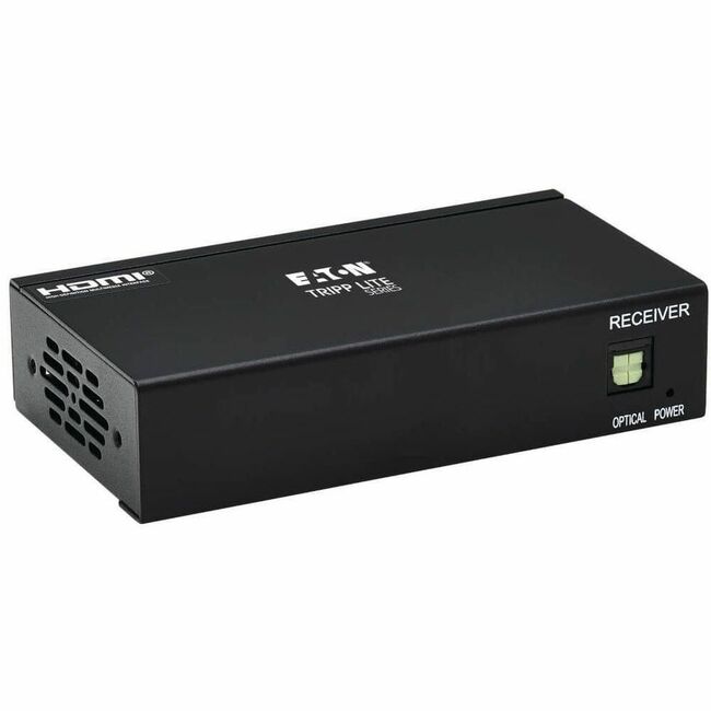 Eaton B127A-1A0-BH Tripp Lite 1-Port HDMI over Cat6 receiver showing HDMI port, status LEDs, and connection ports.