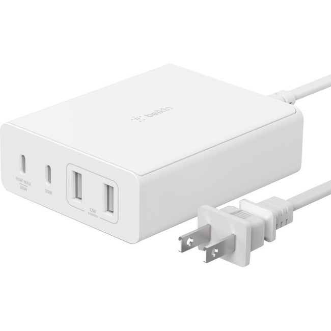 Belkin International INC WCH010DQWH Belkin 108W 4-Port GaN Charger - 2xUSB-A, 2xUSB-C (108W Total) - 2m/6.6ft Power Cord - White