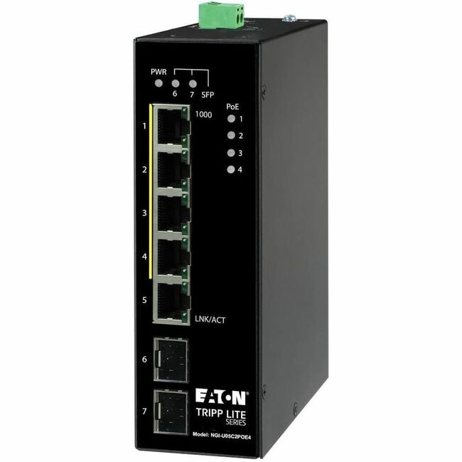 Eaton NGI-U05C2POE4 Tripp Lite Series 5-Port Unmanaged Industrial Gigabit Ethernet Switch - 10/100/1000 Mbps, PoE+ 30W, -10&deg; to 60&deg;C, 2 GbE SFP Slots, DIN Mount, TAA