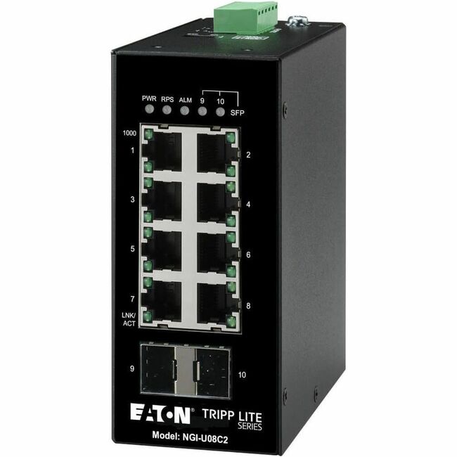 Eaton NGI-U08C2 industrial 8-port gigabit Ethernet switch with SFP slots, DIN mount, rugged design for -40°C to 75°C environments