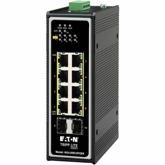 Eaton NGI-U08C2POE8 unmanaged industrial Ethernet switch with 8 ports, PoE+ support, SFP slots, DIN mount, and rugged design.