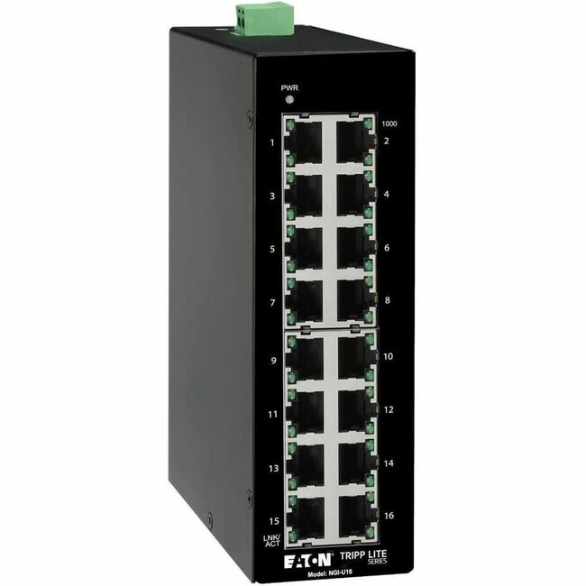 Eaton NGI-U16 16-port unmanaged industrial Gigabit Ethernet switch mounted on DIN rail with LED indicators