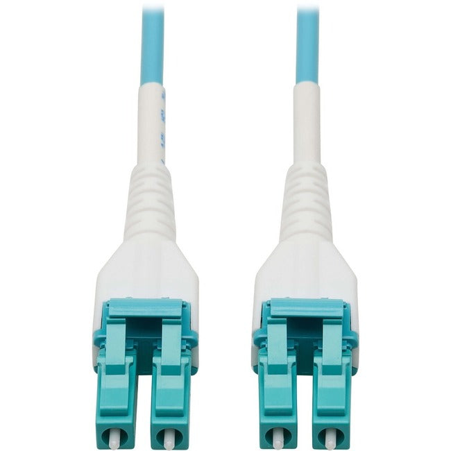 Eaton Tripp Lite 100G Duplex OM4 armored fiber optic cable with LC connectors, 50/125 multimode, Aqua, 100 meters length.