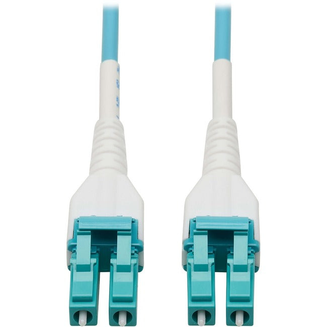 Eaton Tripp Lite 100G OM4 multimode fiber optic cable with LC/LC connectors, 50 meters, armored LSZH aqua color.