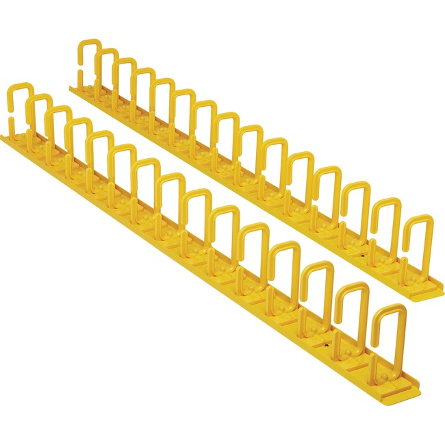 Eaton Tripp Lite vertical cable manager with flexible yellow rings, 6 ft length, ideal for organizing network cables.