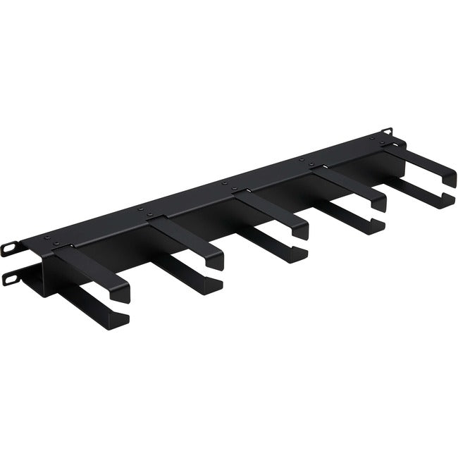 Eaton Tripp Lite horizontal cable management rack with black metal rings, 1U size for organized server room cables