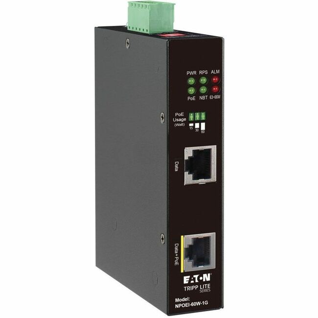 Eaton Tripp Lite industrial Gigabit Ethernet PoE injector 60W with IP30 housing, DIN rail mount, 1 port, supports 802.3bt PoE++.