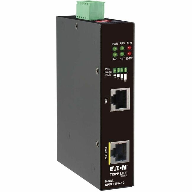 Eaton Tripp Lite Gigabit Ethernet PoE injector 90W with IP30 housing, dual 24-57VDC DIN rail, 1 port, 802.3bt PoE++ midspan