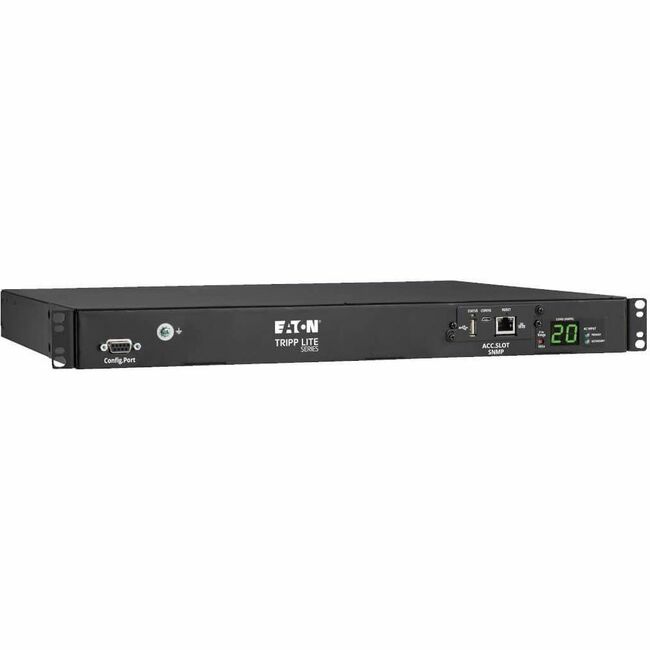 Eaton Tripp Lite PDU with 8 C13, 2 C19 outlets, dual C20 inlets, 12 ft cords, network card, 1U rack-mount design