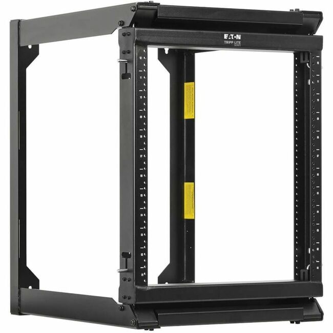 Eaton SmartRack 12U wall-mount 2-post open frame rack with hinged front, heavy-duty metal construction for network equipment storage.