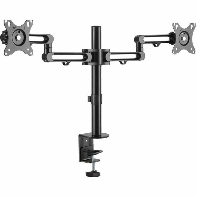 Eaton Tripp Lite dual-monitor mount clamp for 13-27 inch displays with flexible arms and desktop mounting kit.