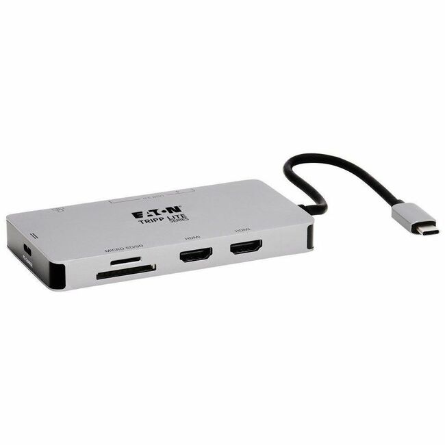 Eaton U442-DOCK8G-GG Tripp Lite USB-C docking station with dual 4K HDMI displays, USB 3.0 ports, GbE, memory card slot, and 100W charging