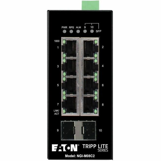 Eaton NGI-M08C2 industrial Ethernet switch with 8 ports, 2 GbE SFP slots, DIN mount, suitable for harsh environments