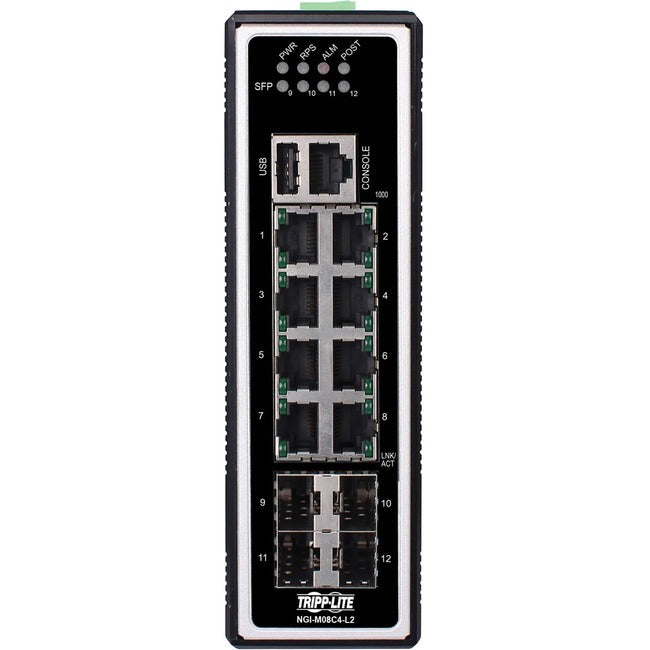 Eaton NGI-M08C4-L2 Tripp Lite Series 8-Port Managed Industrial Gigabit Ethernet Switch - Layer 2, 10/100/1000 Mbps, 4 GbE SFP Ports, -40&deg; to 75&deg;C, DIN Mount, TAA