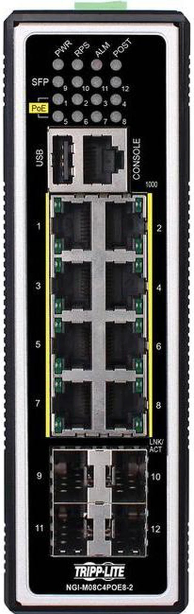 Eaton NGI-M08C4POE8-2 Tripp Lite by Eaton 8-Port Managed Industrial Gigabit Ethernet Switch - Layer 2, 1 Gbps, PoE+ 30W, 4 GbE SFP Ports, -40Â&deg; to 75Â&deg;C, DIN Mount
