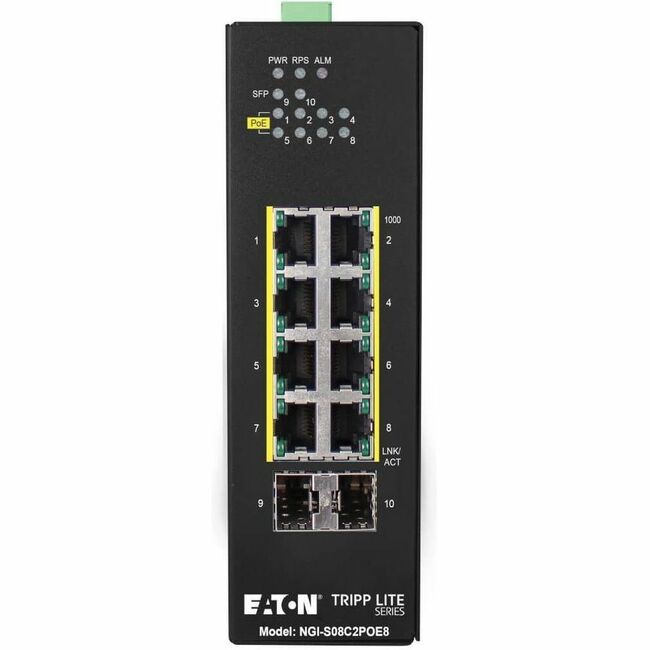 Eaton NGI-S08C2POE8 industrial gigabit Ethernet switch with 8 ports, PoE+, SFP slots, DIN mount, and rugged design.