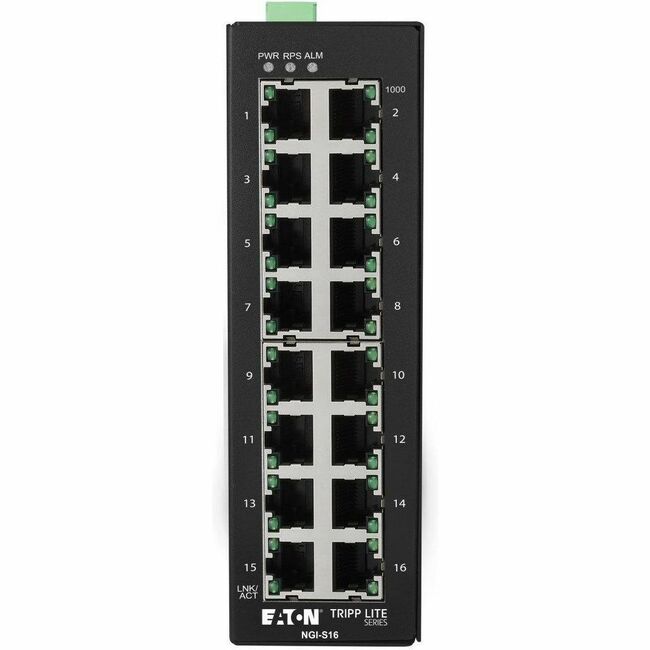 Eaton NGI-S16 industrial gigabit Ethernet switch with 16 ports, DIN mount, suitable for rugged industrial networking environments.