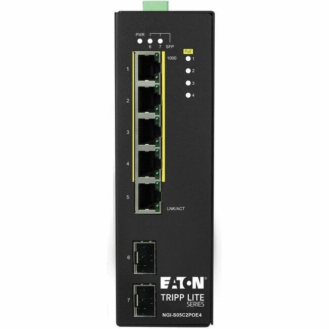 Eaton NGI-S05C2POE4 industrial Gigabit Ethernet switch with 5 ports, PoE+, 2 GbE SFP slots, DIN mount, temperature range -10°C to 60°C