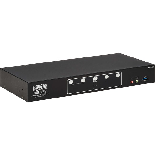 Eaton B006-HD2UA4 Tripp Lite 4-port HDMI dual-display KVM switch showing multiple HDMI cables and connected monitors.
