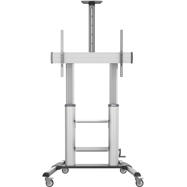 Eaton Safe-IT heavy-duty rolling TV cart with height-adjusting crank handle for 60-100 inch displays, sturdy metal construction.
