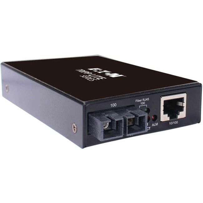 Eaton N784-H01-SCSM Tripp Lite hardened copper to fiber media converter, RJ45 and SC ports, compact device for network connectivity.