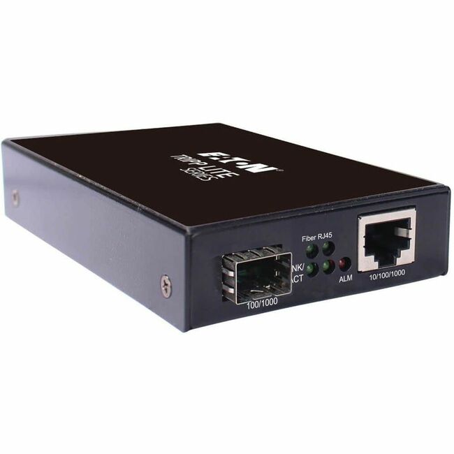 Eaton N785-H01-SFP Gigabit fiber to Ethernet media converter with RJ45 and SFP ports, suitable for industrial environments.