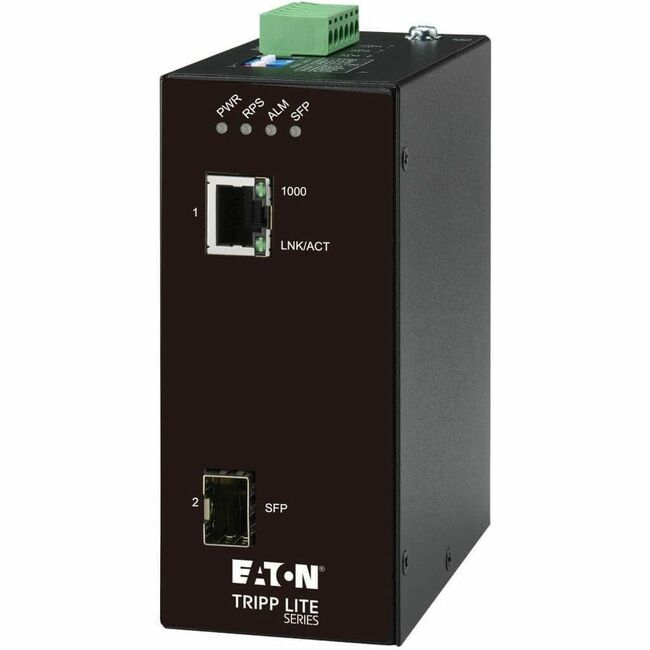 Eaton Tripp Lite hardened Gigabit fiber to Ethernet media converter with RJ45 and SFP ports, suitable for -10°C to 60°C environments.