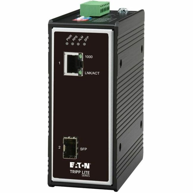 Eaton N785-I01-SFP-D industrial Gigabit fiber to Ethernet media converter with RJ45 and SFP ports, DC power, TAA compliance.