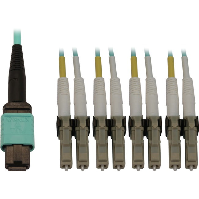 Eaton N844X-03M-8L-P Tripp Lite 40/100/400G OM3 fiber optic cable with MTP/MPO to LC connectors, aqua LSZH, 3-meter length