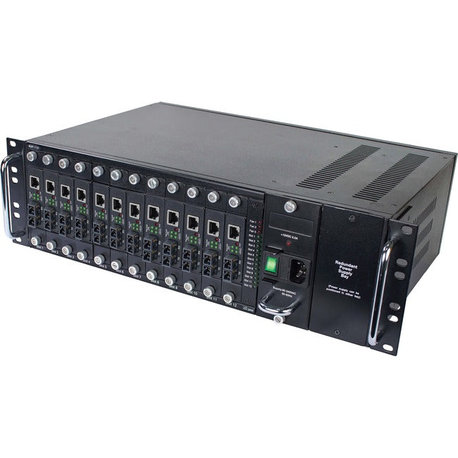 Eaton N785-CH12 12-slot media converter chassis mounted in a 3U rack for N784-H and N785-H models, with multiple slots visible.