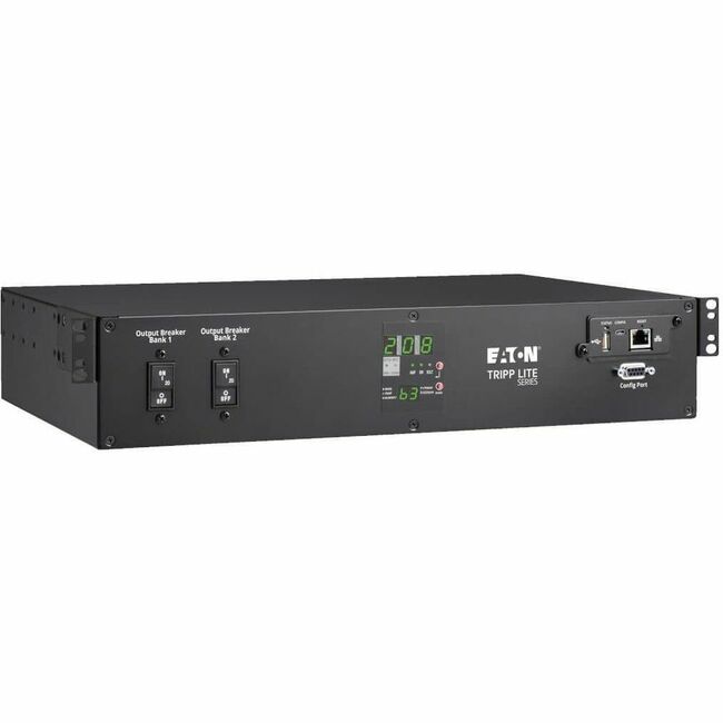 Eaton PDUMNH30HVAT2 monitored 5.8kW PDU with 16 C13, 2 C19 outlets, dual L6-30P inputs, 10 ft cords, 2U rackmount.