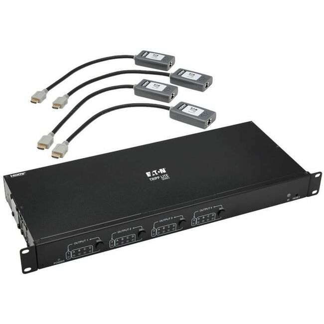 Eaton Tripp Lite 4x4 HDMI over Cat6 matrix switch kit with four receivers, supporting 4K 60Hz HDR 4:4:4 at 230 ft.