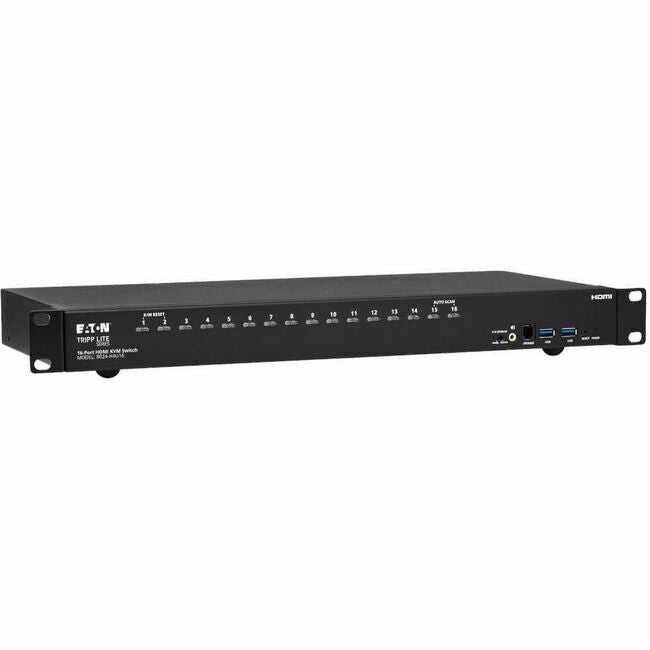 Eaton Tripp Lite 16-port HDMI/USB KVM switchbox with 4K 60Hz video and audio, rack-mount design, sharing multiple peripherals.