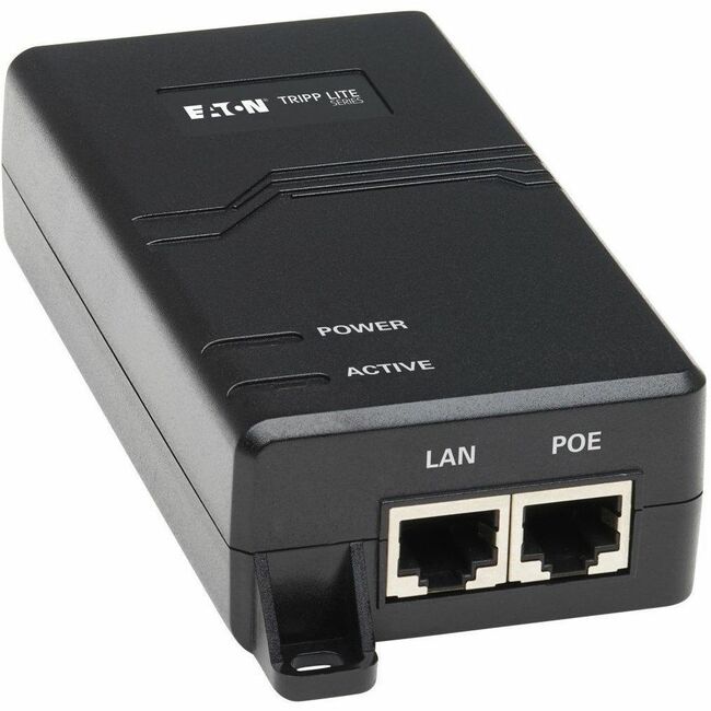 Eaton NPOE-30W-1G-INT Gigabit PoE+ Midspan active injector showing ports and power cord for network power over Ethernet.